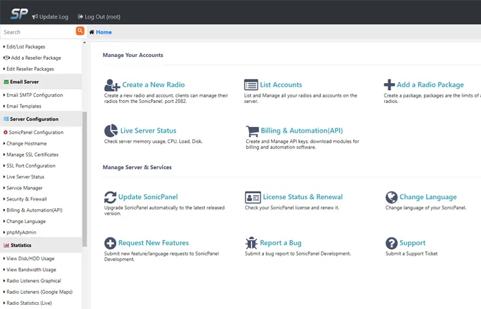 SonicPanel control panel for managing your online radio
